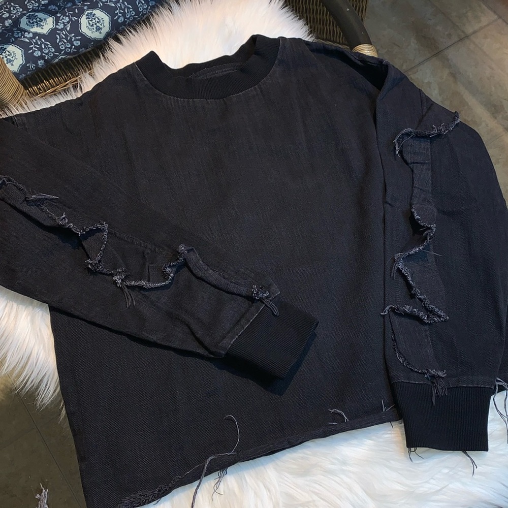 Zara denim ruffled back detail long sleeve top size M Black